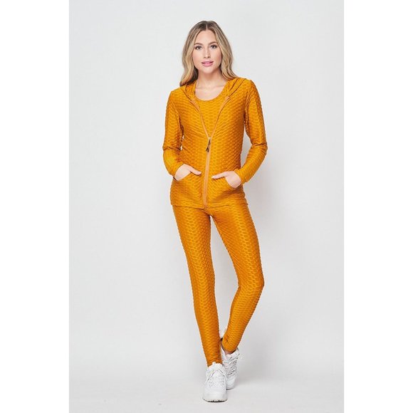 3 Pcs Activewear Yoga Set Gym Workout Textured Hoodie Top and Leggings Outfit - Picture 6 of 10